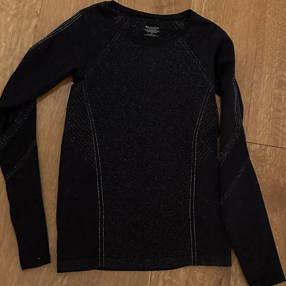 Athleta Black and Silver Sparkle Flurry Base Layer Long Sleeve Shirt Small S